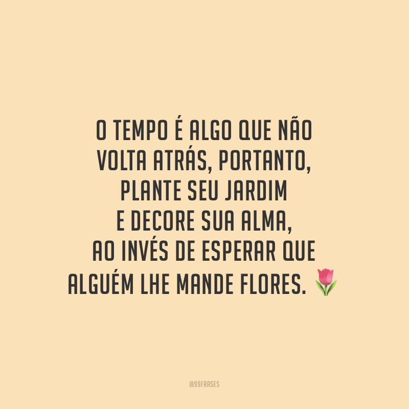 O tempo é algo que não volta atrás, portanto, plante seu jardim e decore sua alma, ao invés de esperar que alguém lhe mande flores.