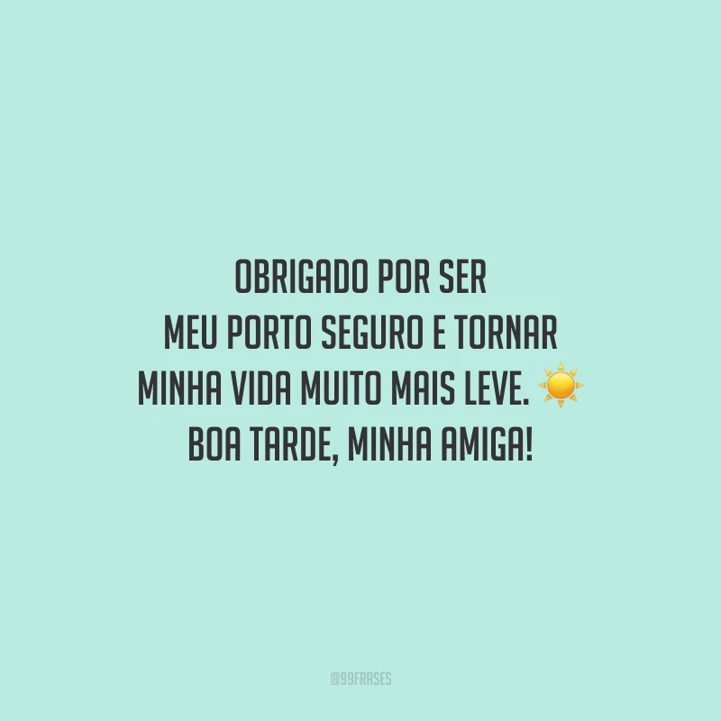 Obrigado por ser meu porto seguro e tornar minha vida muito mais leve. Boa tarde, minha amiga!