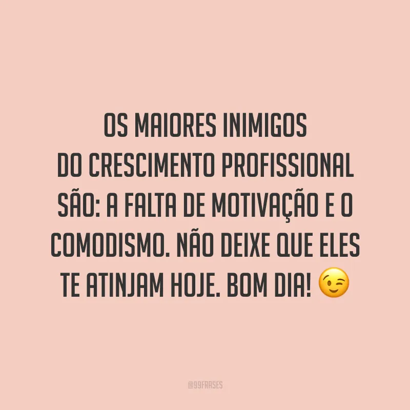 Os maiores inimigos do crescimento profissional são: a falta de motivação e o comodismo. Não deixe que eles te atinjam hoje. Bom dia!