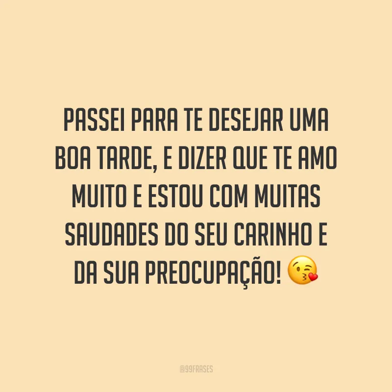 Passei para te desejar uma boa tarde, e dizer que te amo muito e estou com muitas saudades do seu carinho e da sua preocupação! 😘