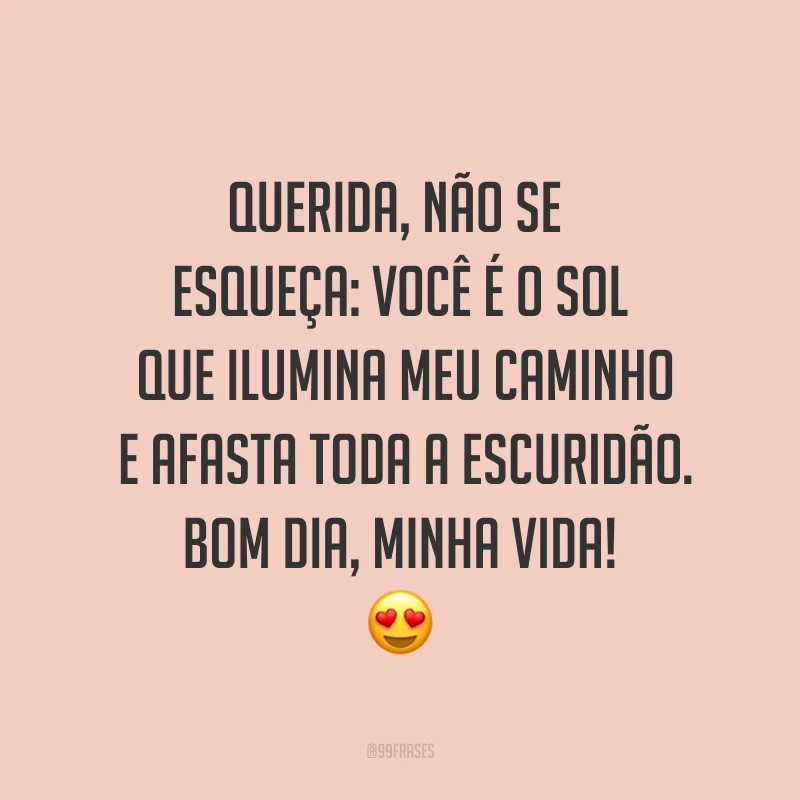 Querida, não se esqueça: você é o sol que ilumina meu caminho e afasta toda a escuridão. Bom dia, minha vida! ?