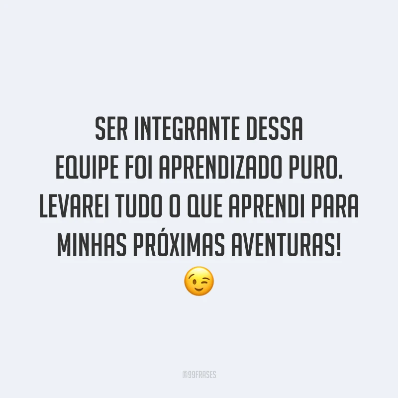 Ser integrante dessa equipe foi aprendizado puro. Levarei tudo o que aprendi para minhas próximas aventuras! 😉