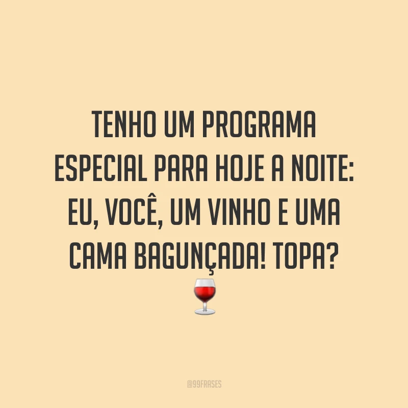 Tenho um programa especial para hoje a noite: eu, você, um vinho e uma cama bagunçada! Topa? 🍷