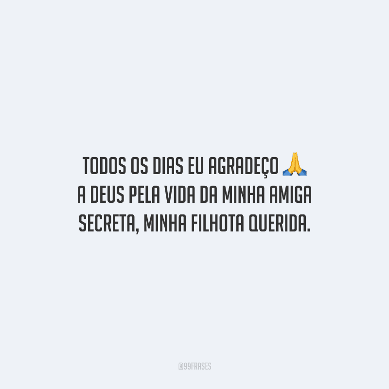 Todos os dias eu agradeço a Deus pela vida da minha amiga secreta, minha filhota querida.
