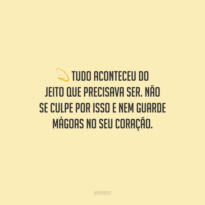 Tudo aconteceu do jeito que precisava ser. Não se culpe por isso e nem guarde mágoas no seu coração.