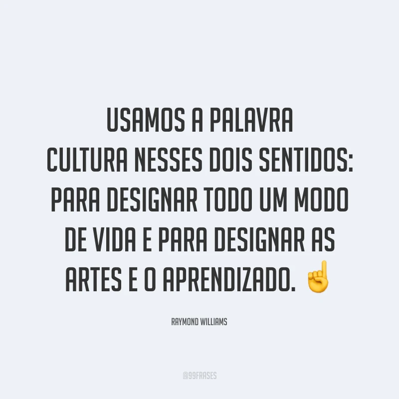 Usamos a palavra cultura nesses dois sentidos: para designar todo um modo de vida e para designar as artes e o aprendizado. ☝️
