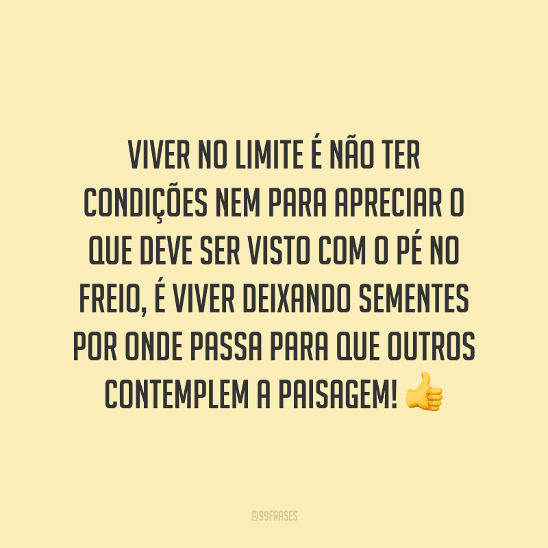 Viver no limite é não ter condições nem para apreciar o que deve ser visto com o pé no freio, é viver deixando sementes por onde passa para que outros contemplem a paisagem!