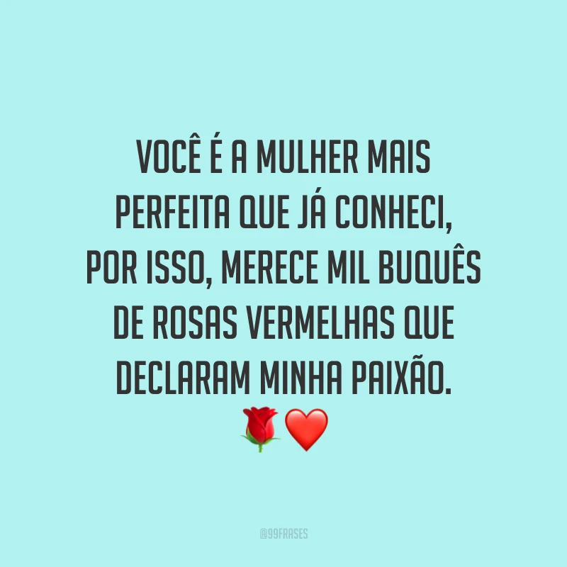 Você é a mulher mais perfeita que já conheci, por isso, merece mil buquês de rosas vermelhas que declaram minha paixão. 🌹❤️