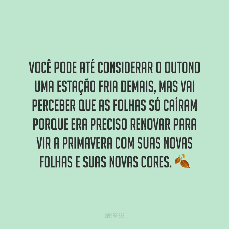 Você pode até considerar o outono uma estação fria demais, mas vai perceber que as folhas só caíram porque era preciso renovar para vir a primavera com suas novas folhas e suas novas cores. ?