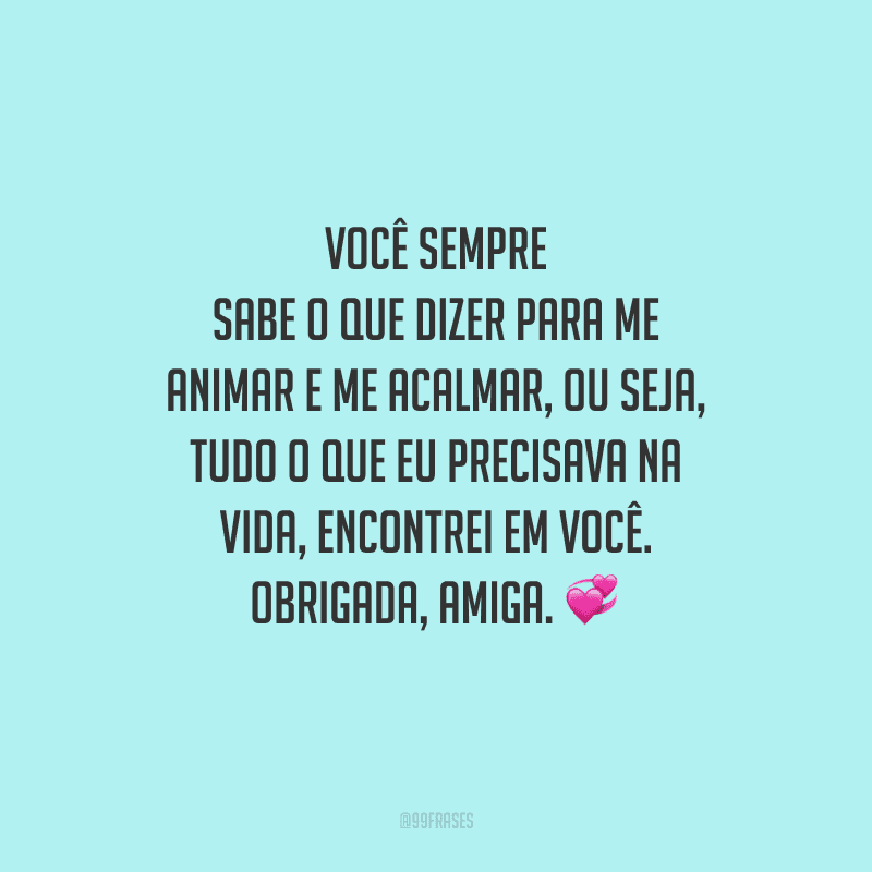 Você sempre sabe o que dizer para me animar e me acalmar, ou seja, tudo o que eu precisava na vida, encontrei em você. Obrigada, amiga. 