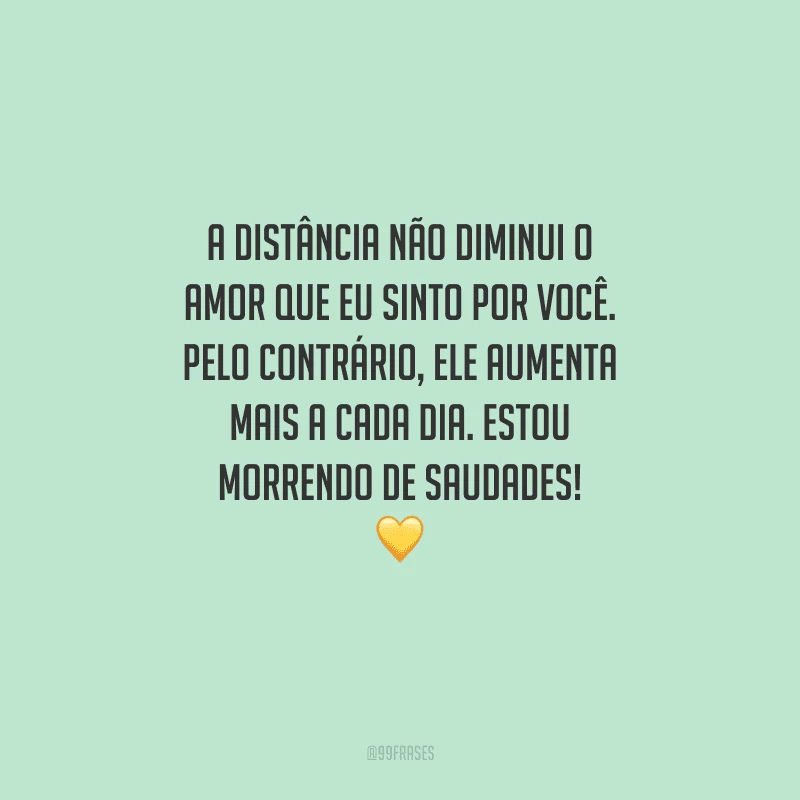 A distância não diminui o amor que eu sinto por você. Pelo contrário, ele aumenta mais a cada dia. Estou morrendo de saudades! 