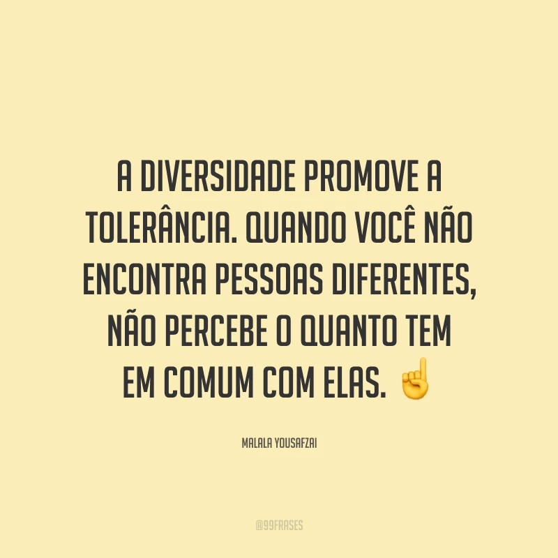 A diversidade promove a tolerância. Quando você não encontra pessoas diferentes, não percebe o quanto tem em comum com elas.