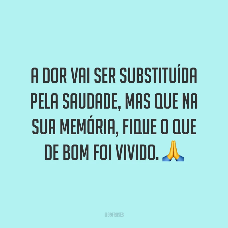 A dor vai ser substituída pela saudade, mas que na sua memória, fique o que de bom foi vivido. 🙏