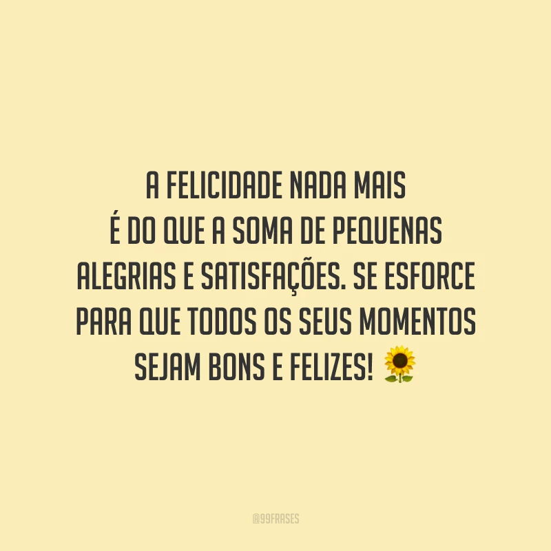 A felicidade nada mais é do que a soma de pequenas alegrias e satisfações. Se esforce para que todos os seus momentos sejam bons e felizes!