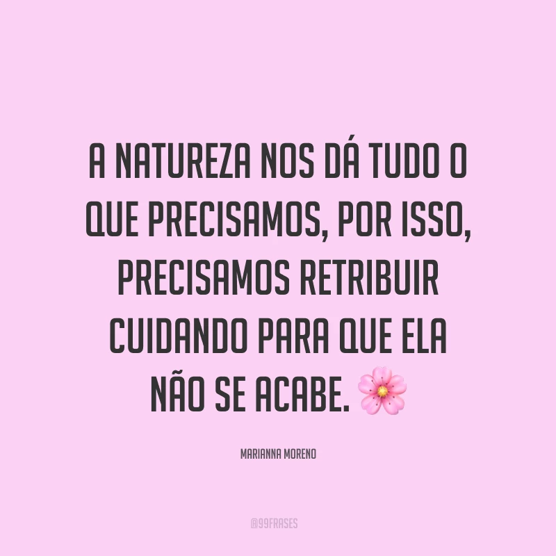 A natureza nos dá tudo o que precisamos, por isso, precisamos retribuir cuidando para que ela não se acabe. ?