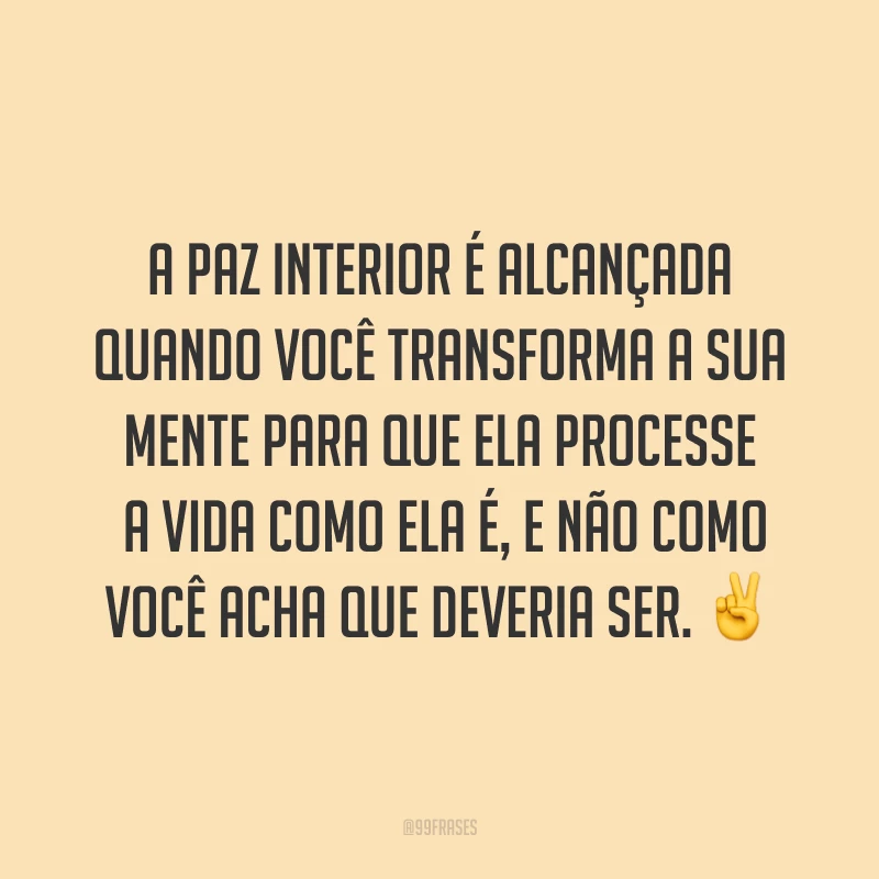 A paz interior é alcançada quando você transforma a sua mente para que ela processe a vida como ela é, e não como você acha que deveria ser. ✌