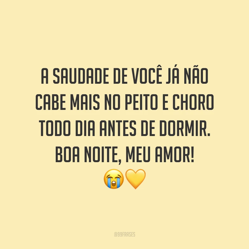 A saudade de você já não cabe mais no peito e choro todo dia antes de dormir. Boa noite, meu amor! 😭💛
