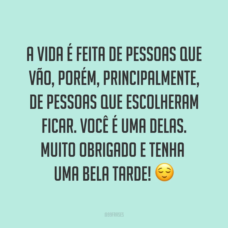 A vida é feita de pessoas que vão, porém, principalmente, de pessoas que escolheram ficar. Você é uma delas. Muito obrigado e tenha uma bela tarde! ?
