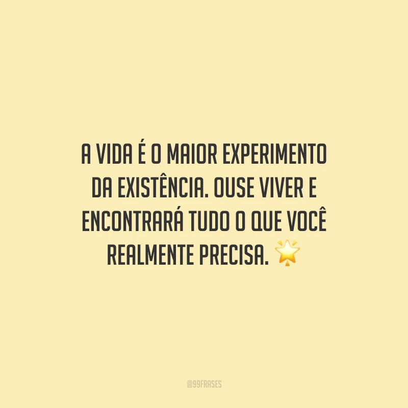 A vida é o maior experimento da existência. Ouse viver e encontrará tudo o que você realmente precisa.