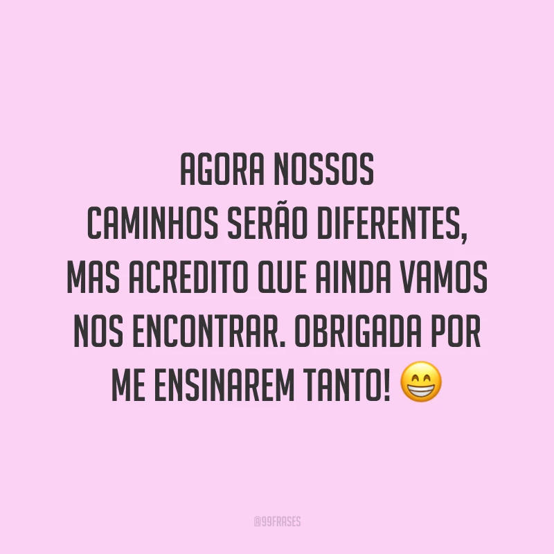 Agora nossos caminhos serão diferentes, mas acredito que ainda vamos nos encontrar. Obrigada por me ensinarem tanto! 😁