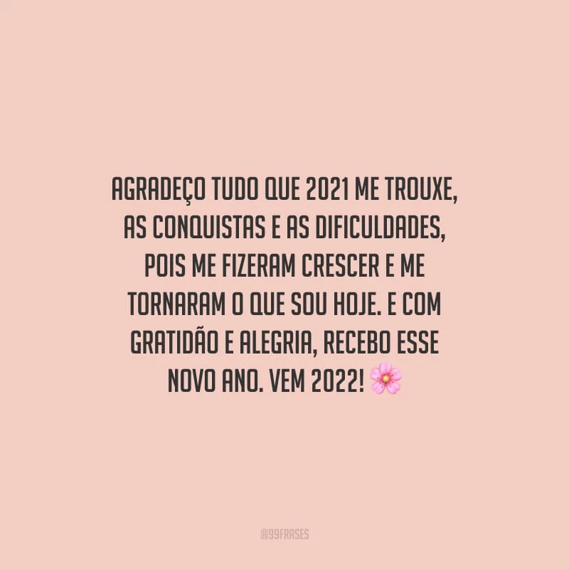 Agradeço tudo que 2021 me trouxe, as conquistas e as dificuldades, pois me fizeram crescer e me tornaram o que sou hoje. E com gratidão e alegria, recebo esse novo ano. Vem 2022!