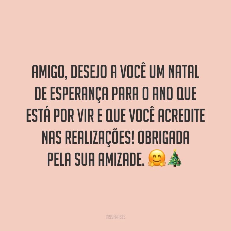 Amigo, desejo a você um Natal de esperança para o ano que está por vir e que você acredite nas realizações! Obrigada pela sua amizade.