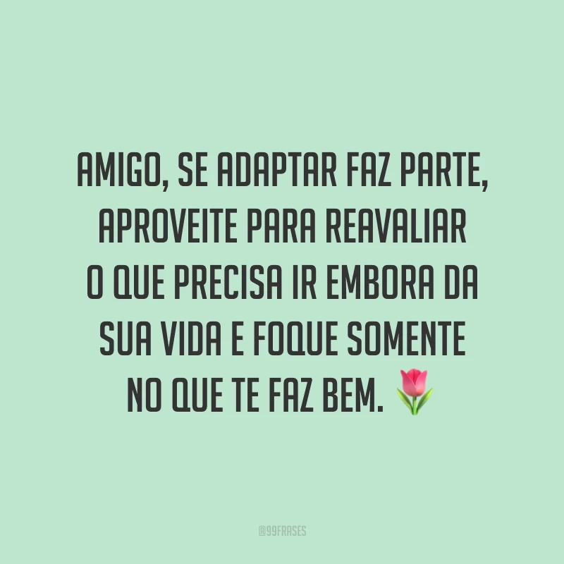 Amigo, se adaptar faz parte, aproveite para reavaliar o que precisa ir embora da sua vida e foque somente no que te faz bem. 🌷