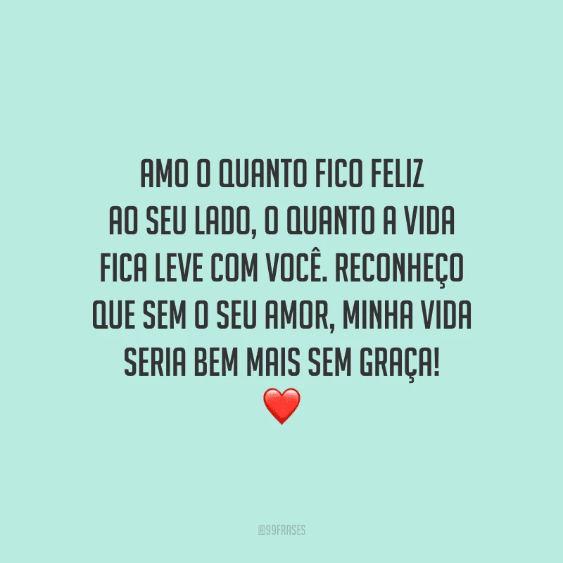 Amo o quanto fico feliz ao seu lado, o quanto a vida fica leve com você. Reconheço que sem o seu amor, minha vida seria bem mais sem graça!