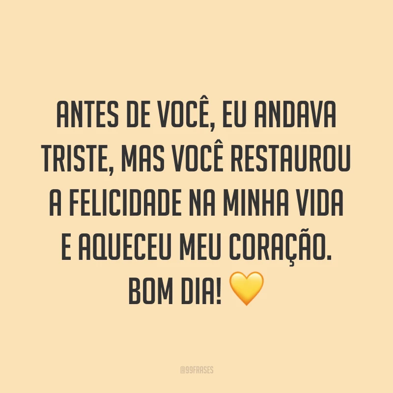 Antes de você, eu andava triste, mas você restaurou a felicidade na minha vida e aqueceu meu coração. Bom dia! ?