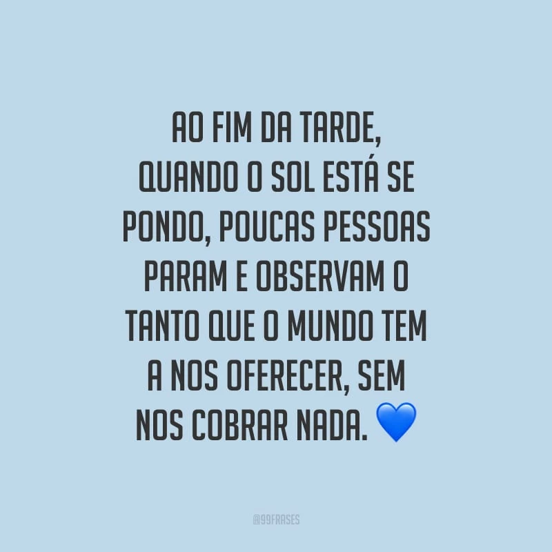 Ao fim da tarde, quando o sol está se pondo, poucas pessoas param e observam o tanto que o mundo tem a nos oferecer, sem nos cobrar nada.