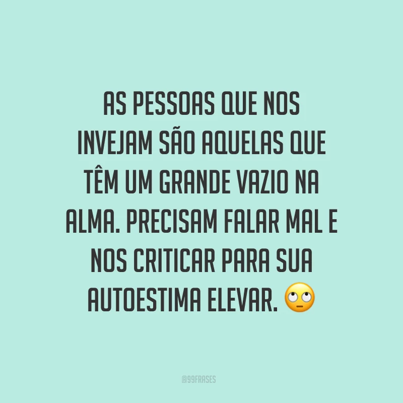 As pessoas que nos invejam são aquelas que têm um grande vazio na alma. Precisam falar mal e nos criticar para sua autoestima elevar. ?