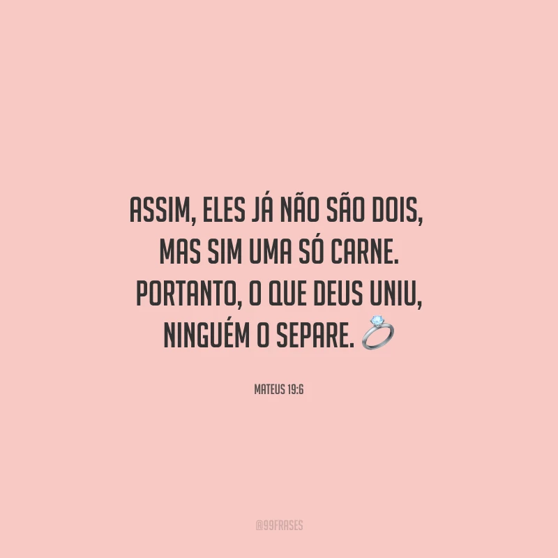 Assim, eles já não são dois, mas sim uma só carne. Portanto, o que Deus uniu, ninguém o separe.