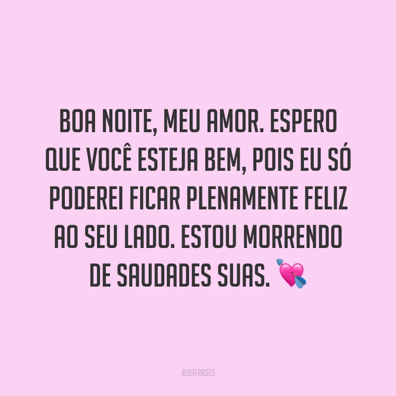 Boa noite, meu amor. Espero que você esteja bem, pois eu só poderei ficar plenamente feliz ao seu lado. Estou morrendo de saudades suas. 💘