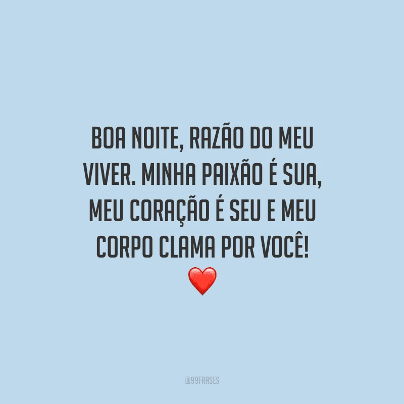 Boa noite, razão do meu viver. Minha paixão é sua, meu coração é seu e meu corpo clama por você! 