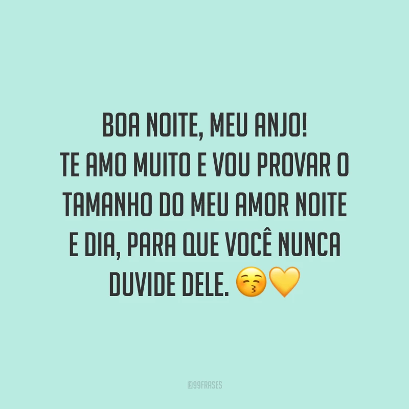 Boa noite, meu anjo! Te amo muito e vou provar o tamanho do meu amor noite e dia, para que você nunca duvide dele.