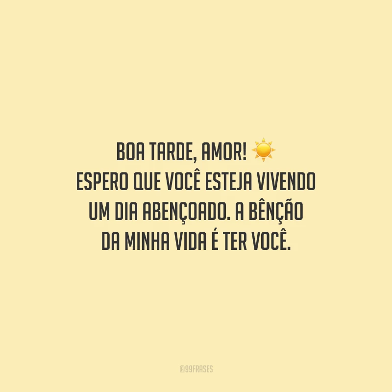 Boa tarde, amor! Espero que você esteja vivendo um dia abençoado. A bênção da minha vida é ter você.