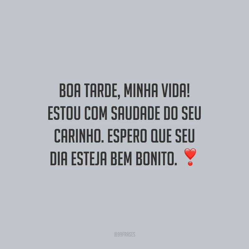 Boa tarde, minha vida! Estou com saudade do seu carinho. Espero que seu dia esteja bem bonito.