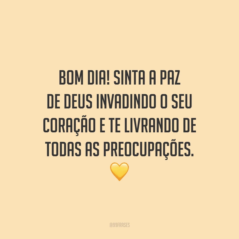 Bom dia! Sinta a paz de Deus invadindo o seu coração e te livrando de todas as preocupações.