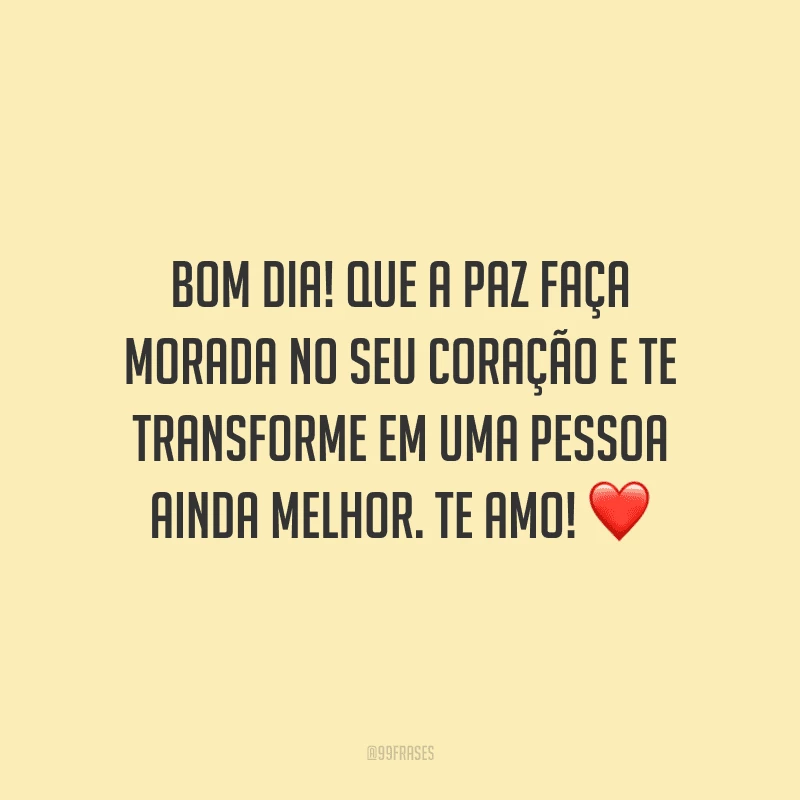 Bom dia! Que a paz faça morada no seu coração e te transforme em uma pessoa ainda melhor. Te amo!