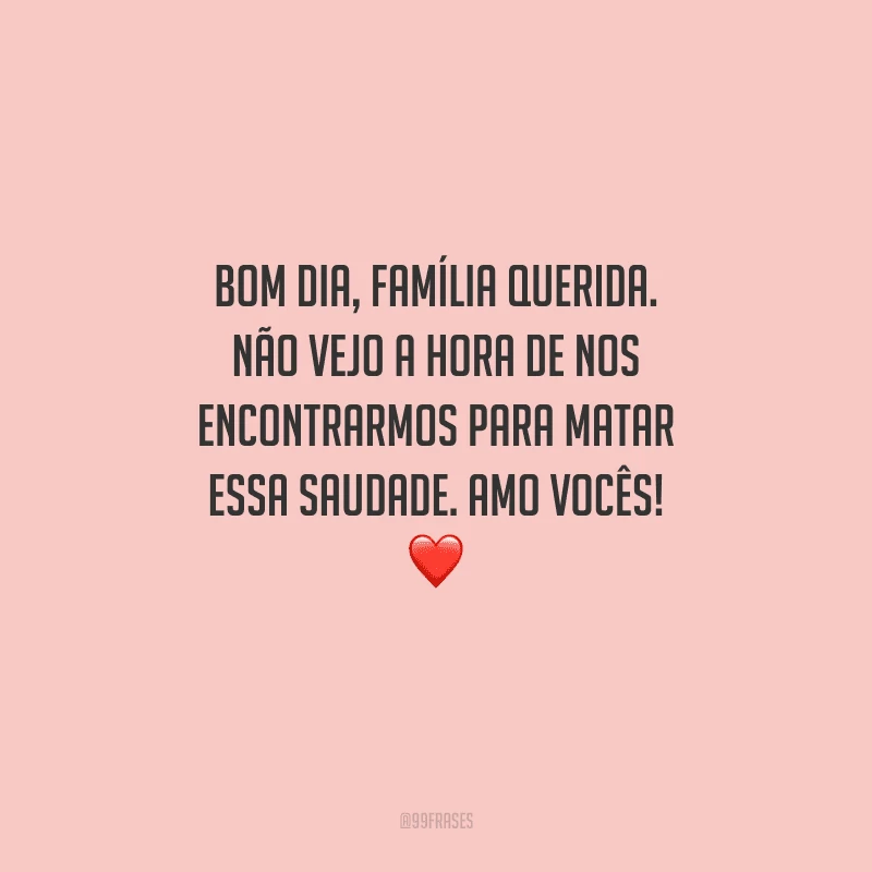 Bom dia, família querida. Não vejo a hora de nos encontrarmos para matar essa saudade. Amo vocês! 