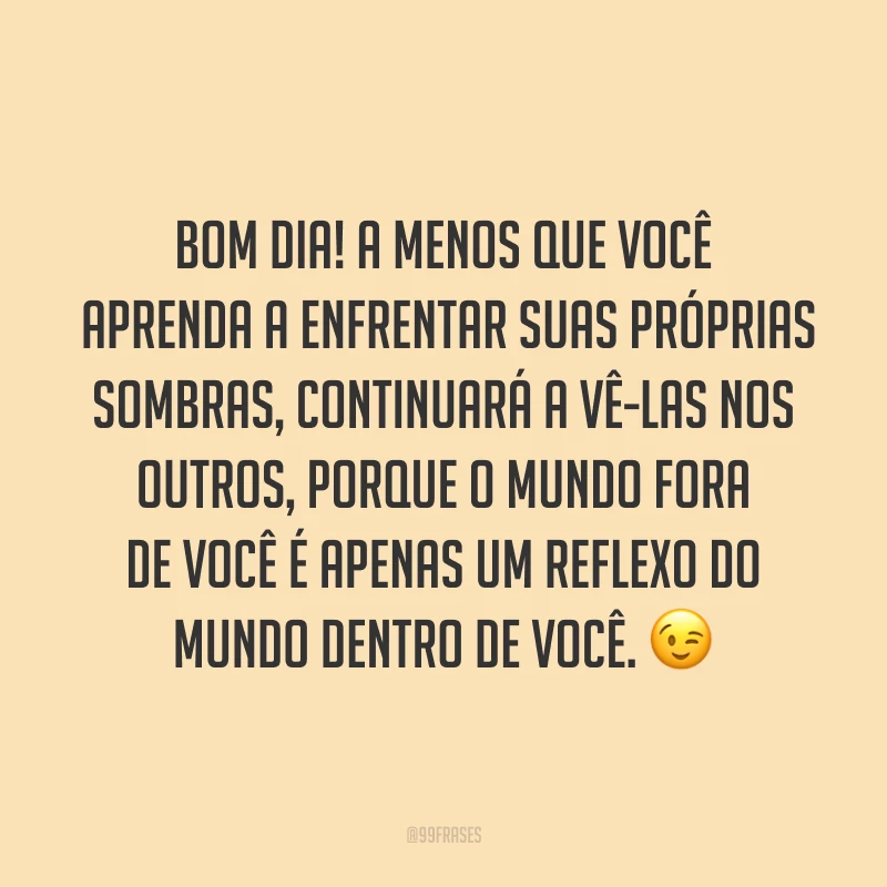 Bom dia! A menos que você aprenda a enfrentar suas próprias sombras, continuará a vê-las nos outros, porque o mundo fora de você é apenas um reflexo do mundo dentro de você. ?