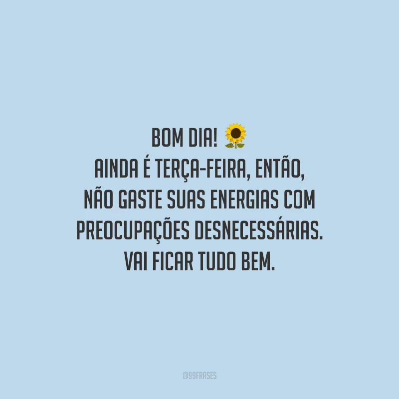 Bom dia! Ainda é terça-feira, então, não gaste suas energias com preocupações desnecessárias. Vai ficar tudo bem.