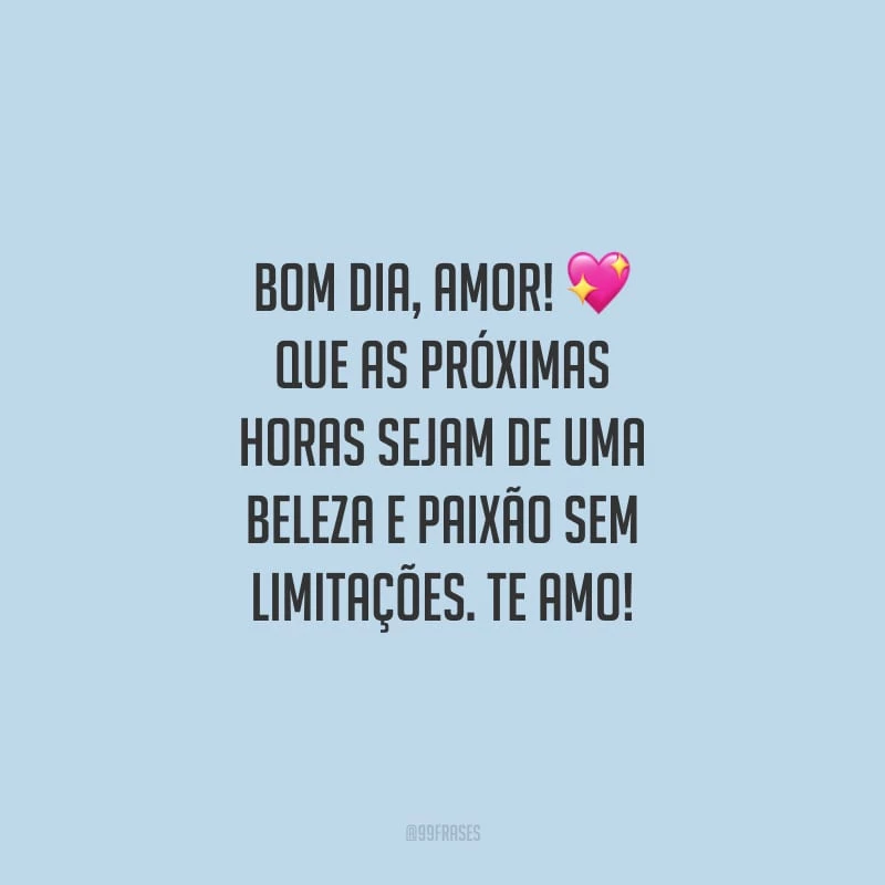 Bom dia, amor! Que as próximas horas sejam de uma beleza e paixão sem limitações. Te amo!