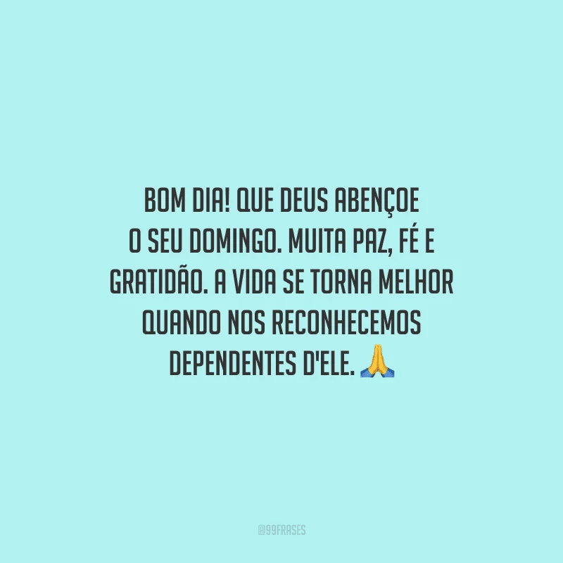 Bom dia! Que Deus abençoe o seu domingo. Muita paz, fé e gratidão. A vida se torna melhor quando nos reconhecemos dependentes d'Ele.