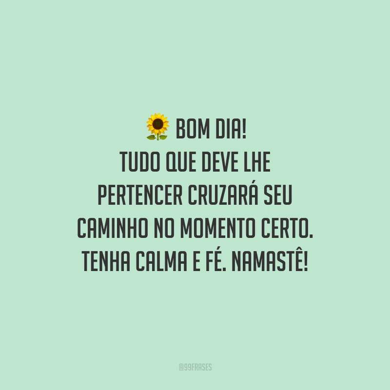 Bom dia! Tudo que deve lhe pertencer cruzará seu caminho no momento certo. Tenha calma e fé. Namastê!
