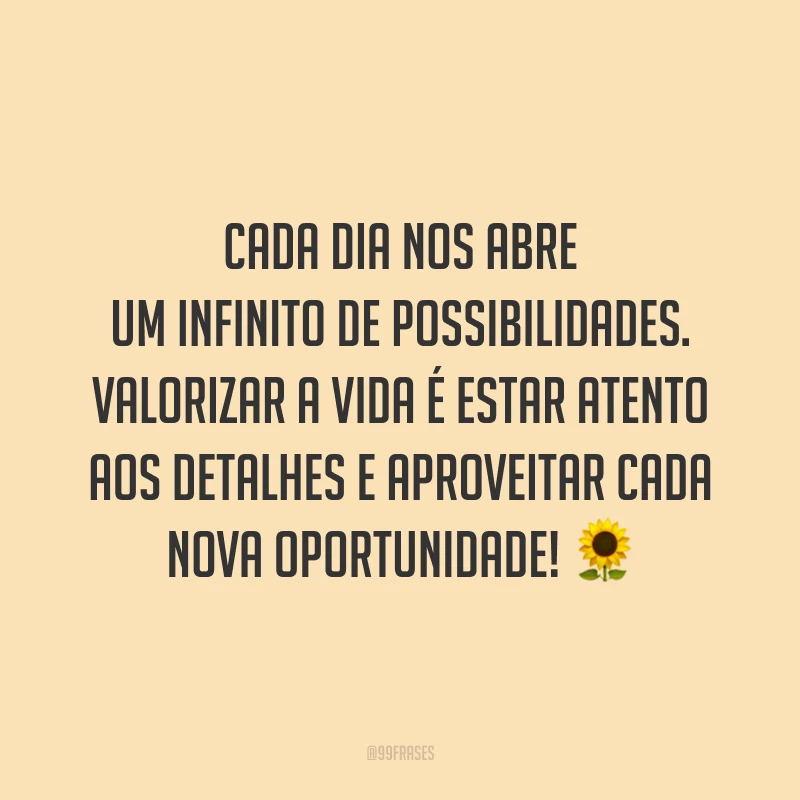 Cada dia nos abre um infinito de possibilidades. Valorizar a vida é estar atento aos detalhes e aproveitar cada nova oportunidade! 🌻