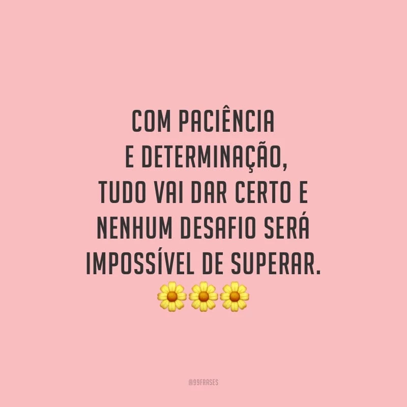 Com paciência e determinação, tudo vai dar certo e nenhum desafio será impossível de superar.