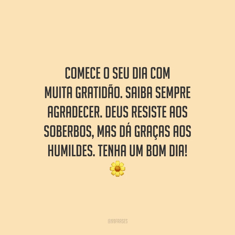 Comece o seu dia com muita gratidão. Saiba sempre agradecer. Deus resiste aos soberbos, mas dá graças aos humildes. Tenha um bom dia!