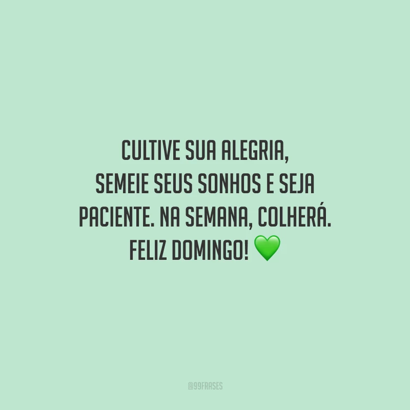 Cultive sua alegria, semeie seus sonhos e seja paciente. Na semana, colherá. Feliz domingo!