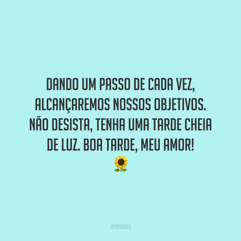 Dando um passo de cada vez, alcançaremos nossos objetivos. Não desista, tenha uma tarde cheia de luz. Boa tarde, meu amor!
